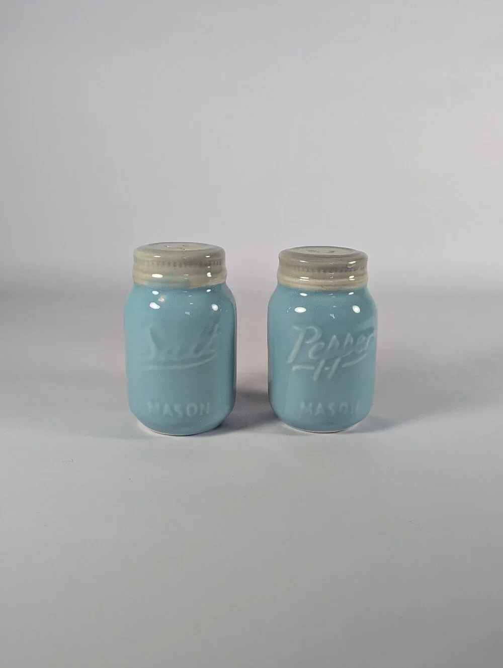 World Market Mason Salt & Pepper Shakers - Light Blue Ceramic Set